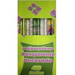 PAPEL REGALO POLIPROPILENO TRANSPARENTE DECORADO 70 X 150 CMS , EXP. 40 UNDS C/UND